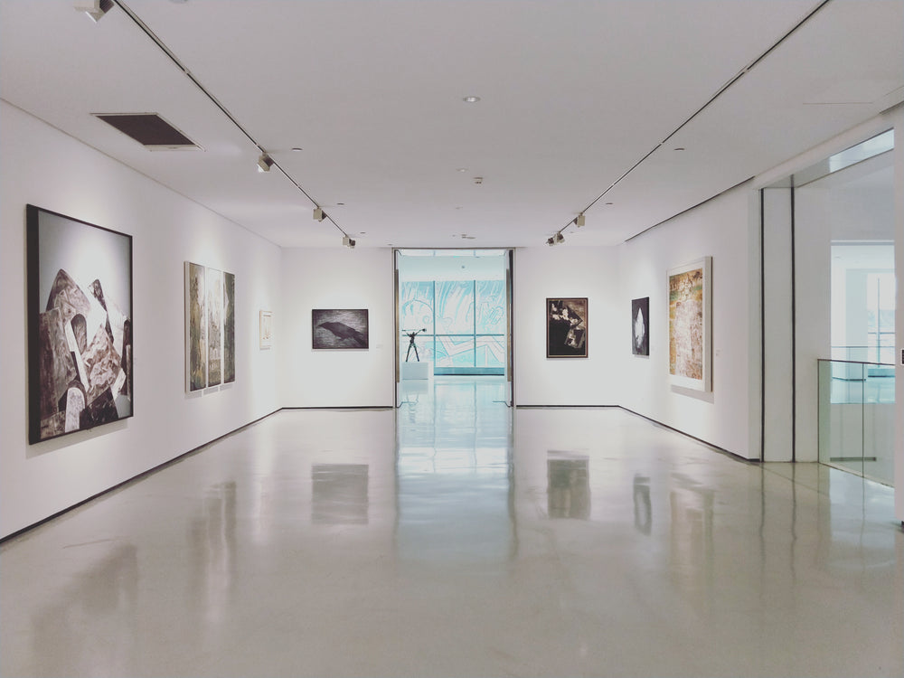 An art gallery featuring various framed paintings on white walls