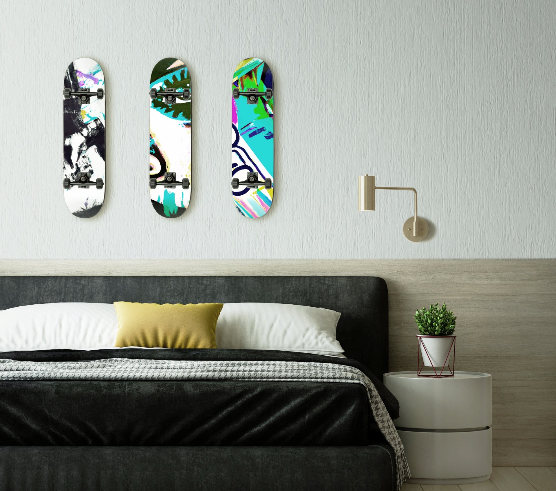 A bedroom with three skateboards displayed on the wall