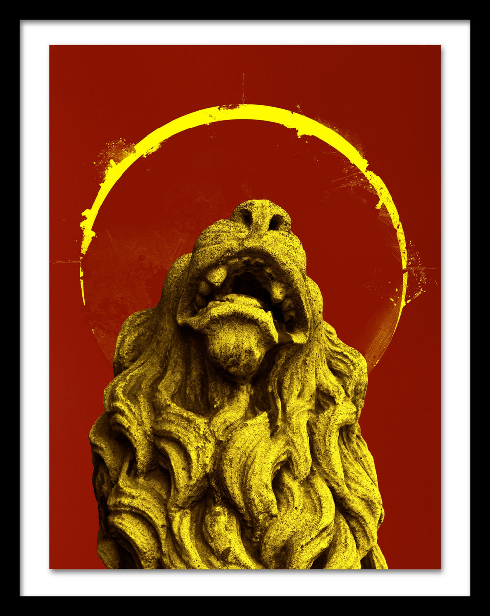 A poster that depicts a golden lion on a red background