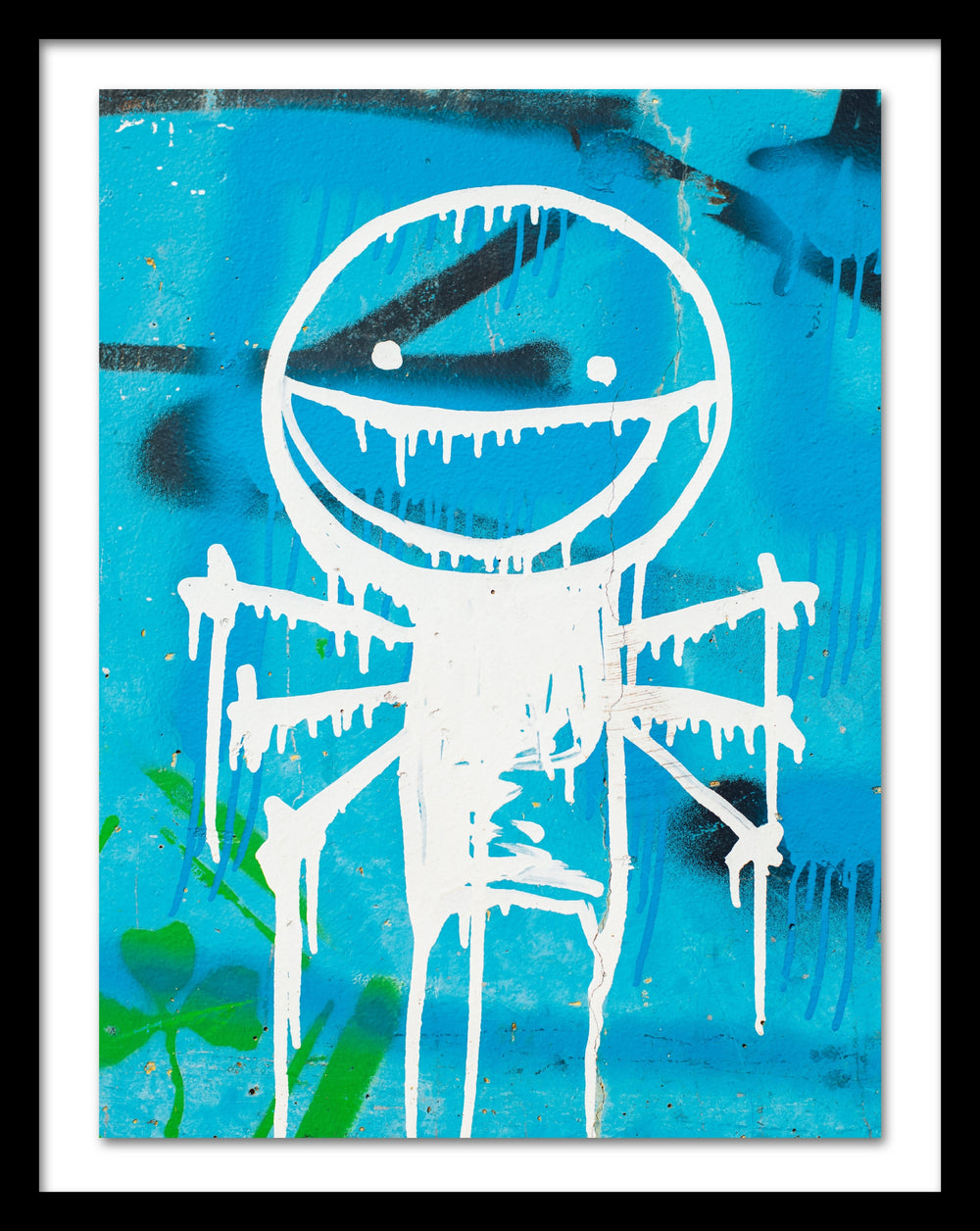 A poster that depicts a white graffiti on a blue wall