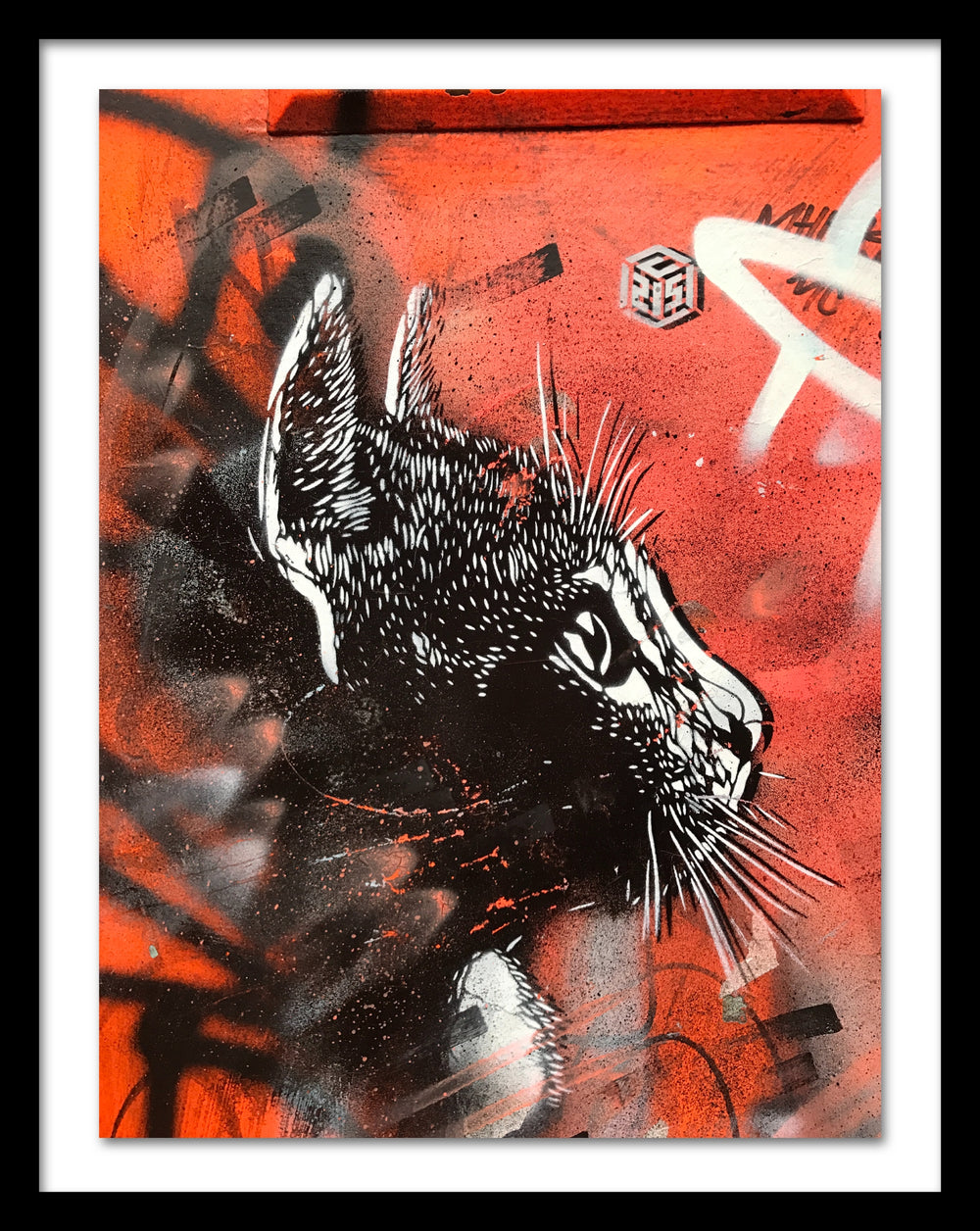 A poster that depicts a cat painted with stencils on a red background