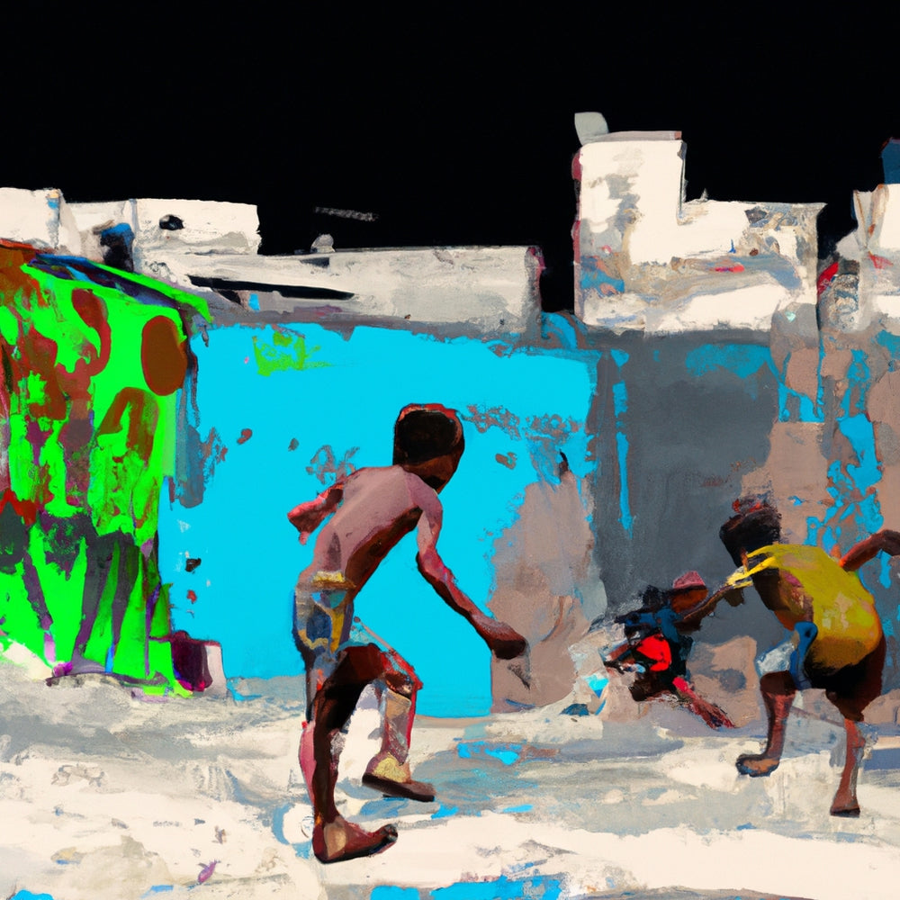 Painting of a street scene of children playing soccer