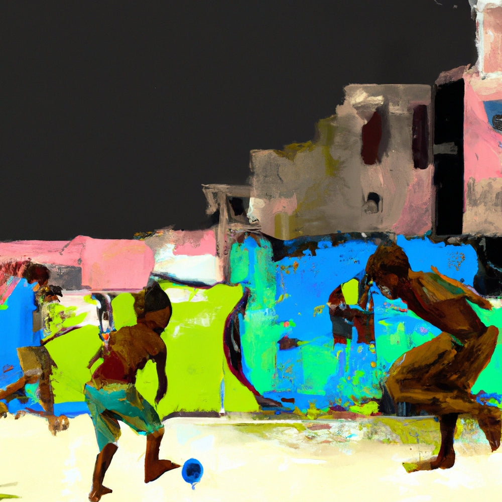 Painting of a street scene of children playing soccer