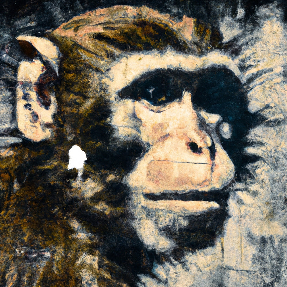 A rough painting that depicts the portrait of a chimpanzee