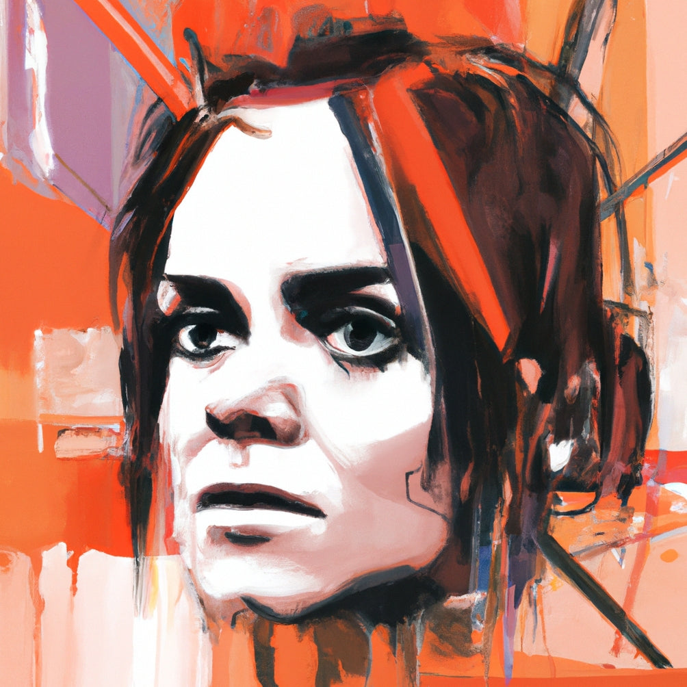 Portrait of a woman painted with orange tones and large brush strokes