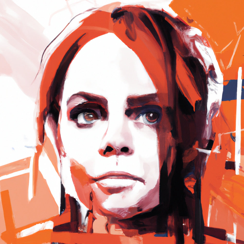 Portrait of a woman painted with orange tones and large brush strokes