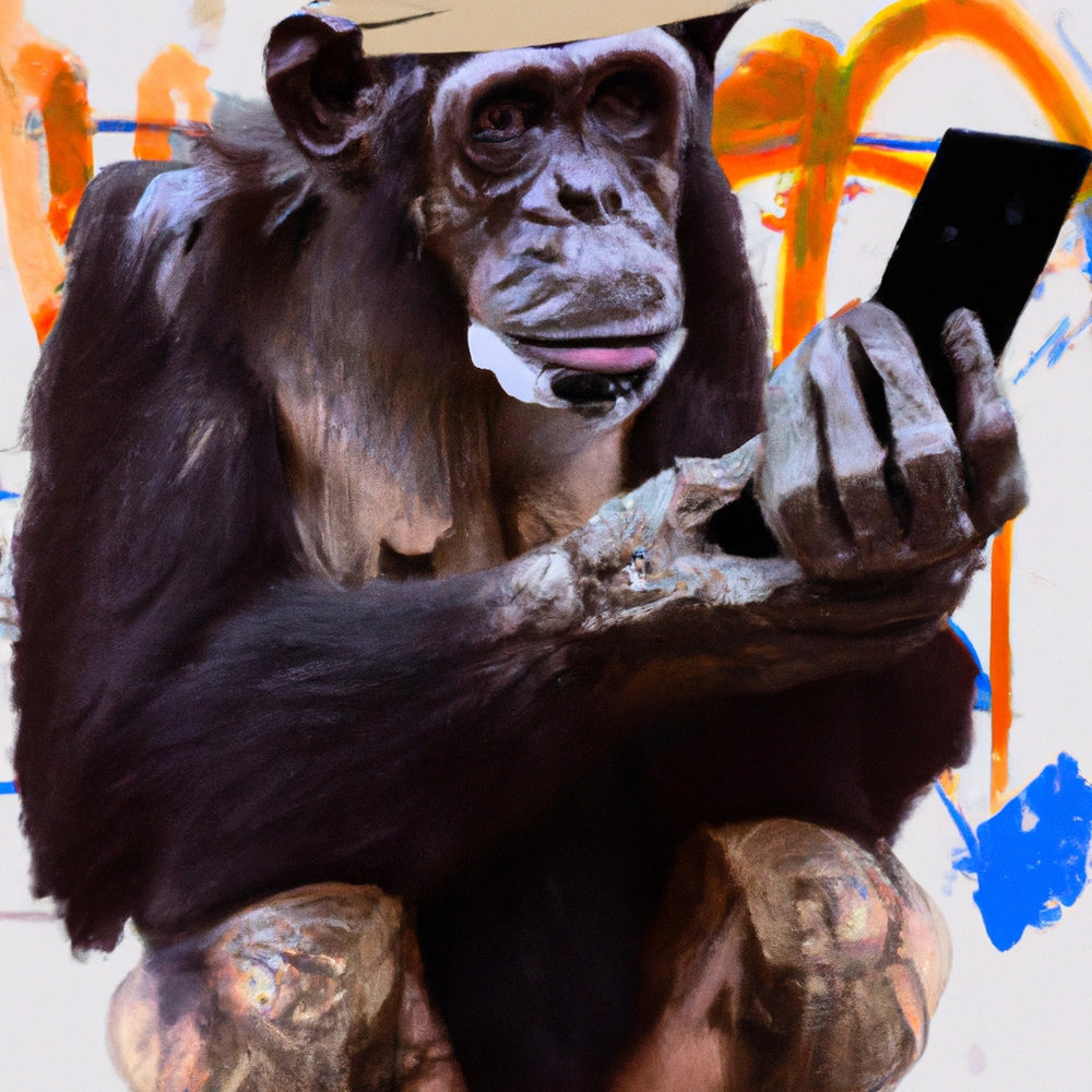 Painting of a chimpanzee holding a smartphone