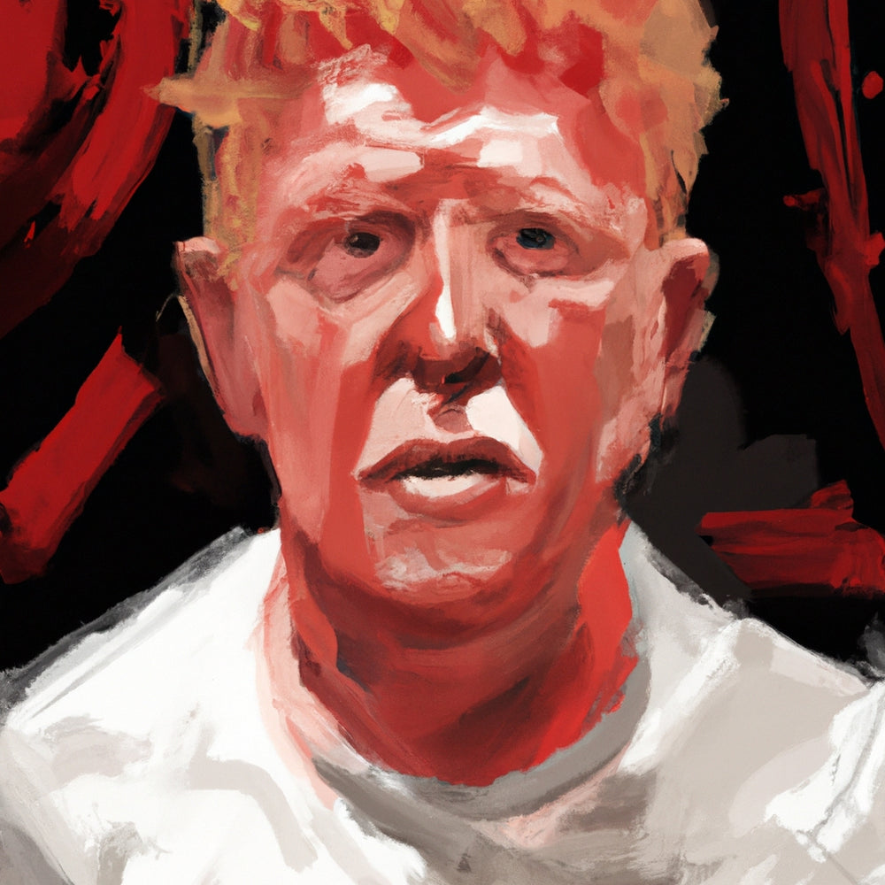 Portrait of a man painted with mostly red tints and large brush strokes