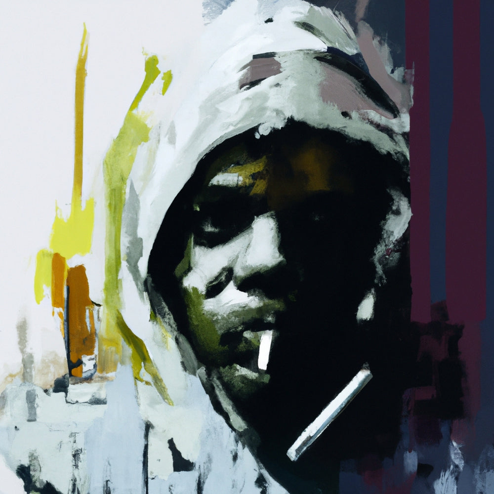 Portrait of a man in a white hoodie painted with large brush strokes