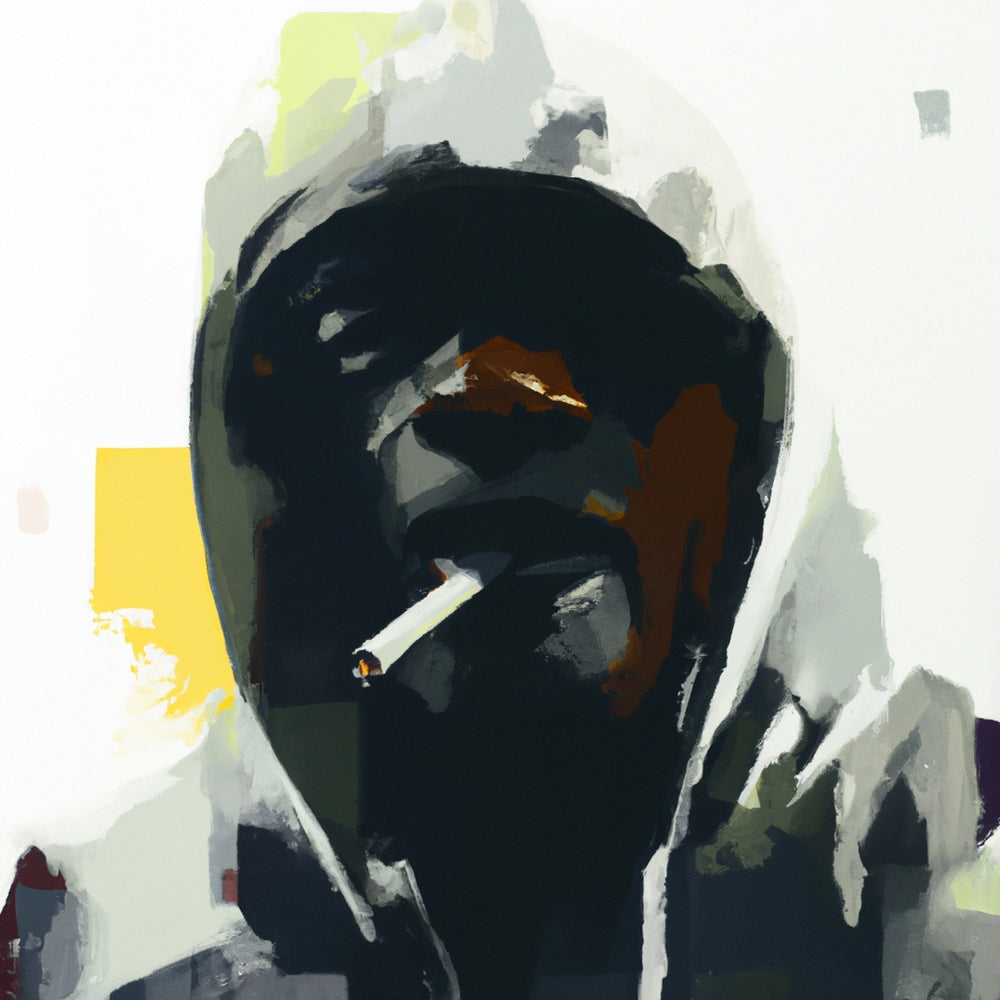 Portrait of a man in a white hoodie painted with large brush strokes