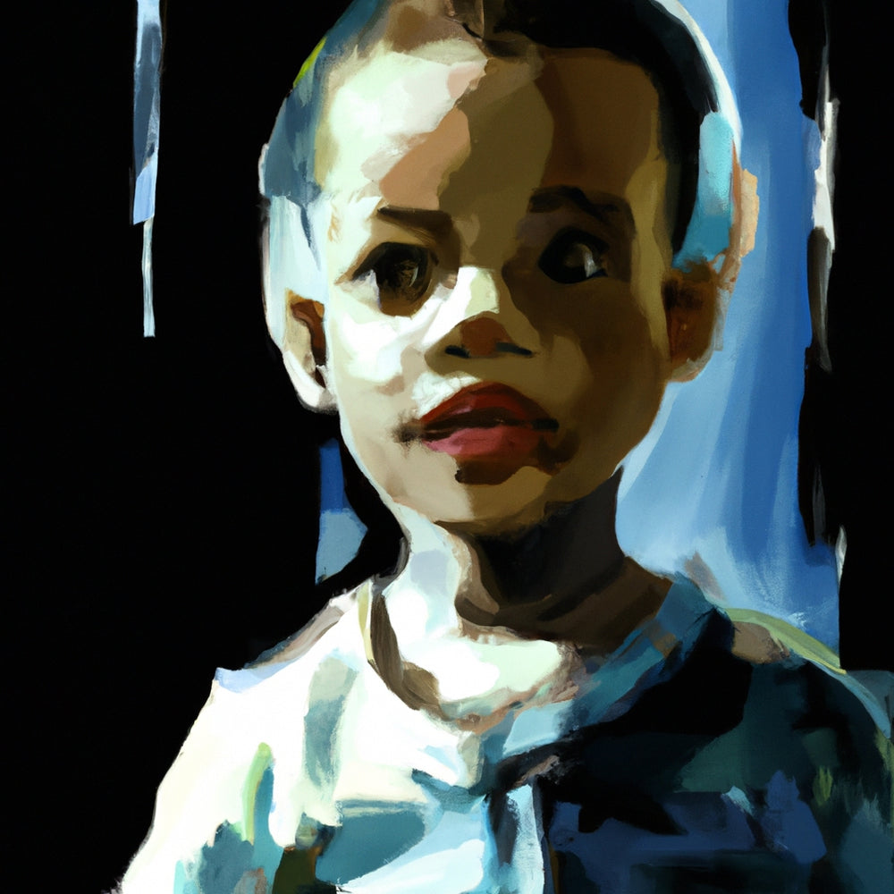 Portrait of a child painted with cold colors and large brush strokes