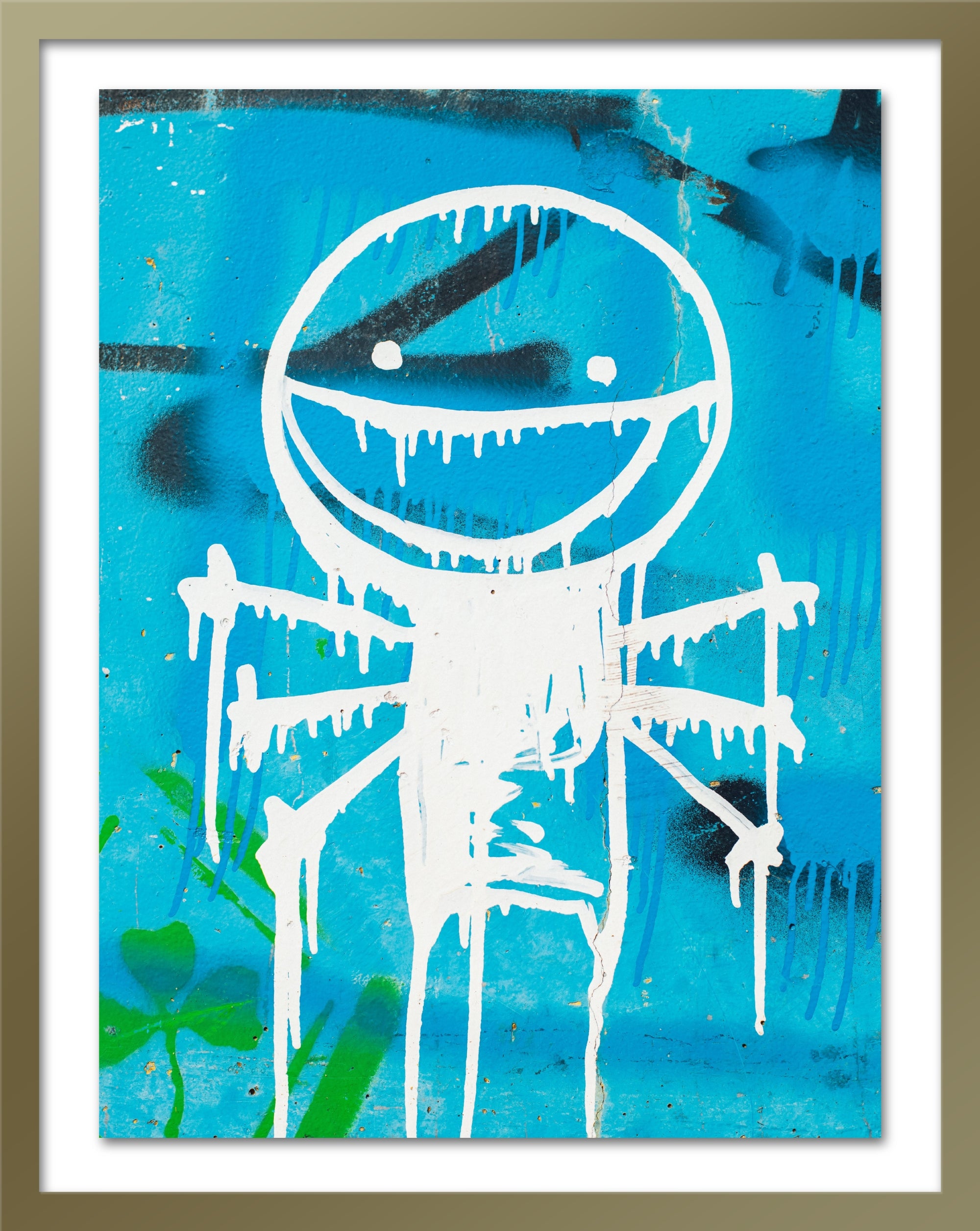 A poster that depicts a white graffiti on a blue wall