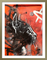 A poster that depicts a cat painted with stencils on a red background