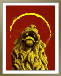 A poster that depicts a golden lion on a red background