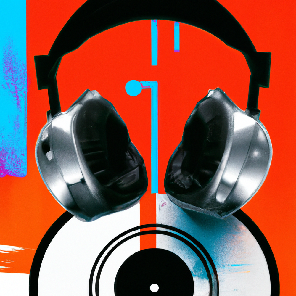 Painting of a disc and a pair of headphones on an orange background