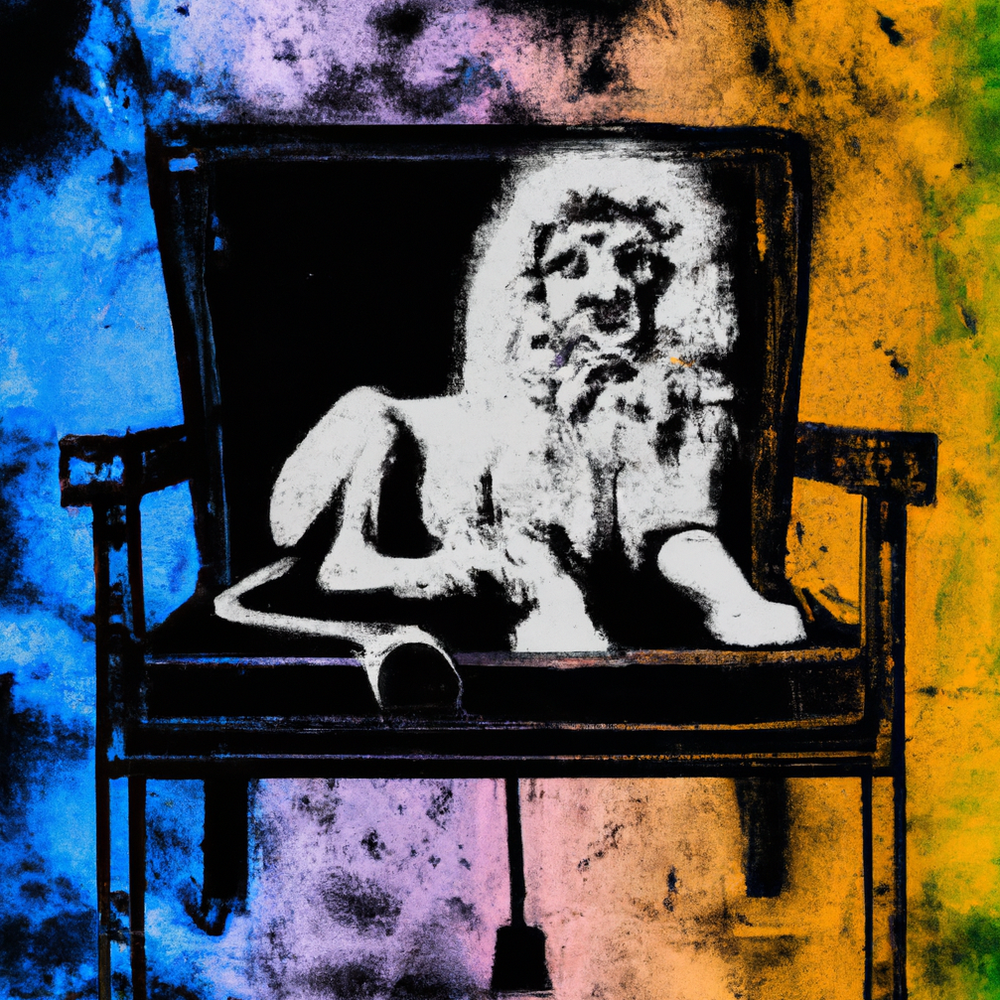 Portrait of a lion on a couch painted with vibrant colors and large brush strokes