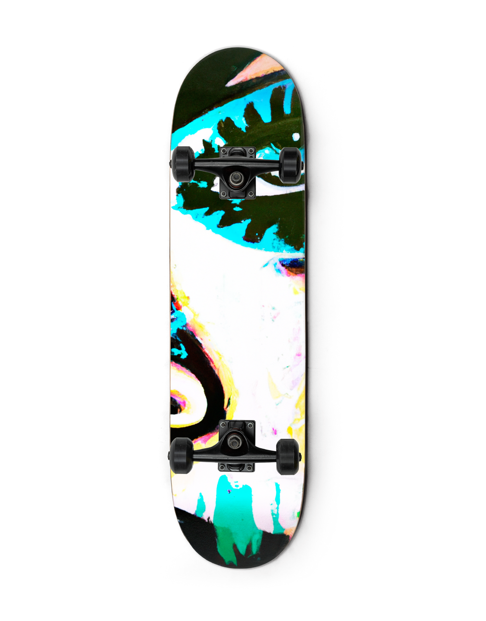 A collector skateboard painted with vibrant colors, evoking the face of a woman.