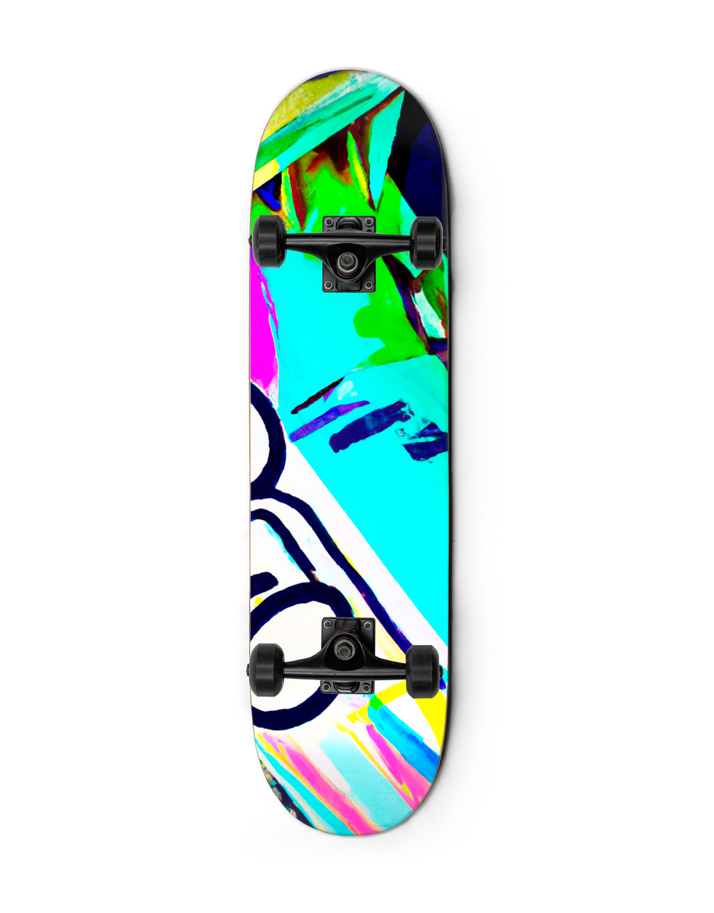 A collector skateboard painted with vibrant color patches and brush strokes