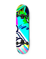 A collector skateboard painted with vibrant color patches and brush strokes