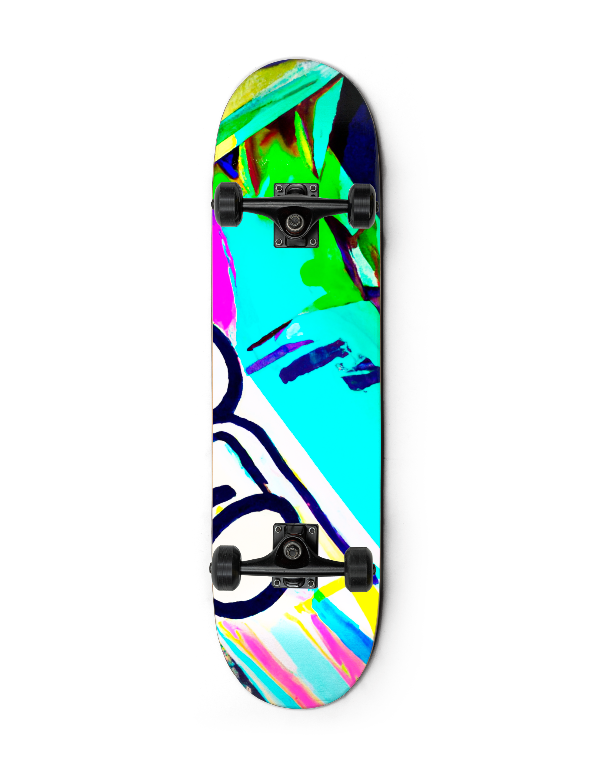 A collector skateboard painted with vibrant color patches and brush strokes