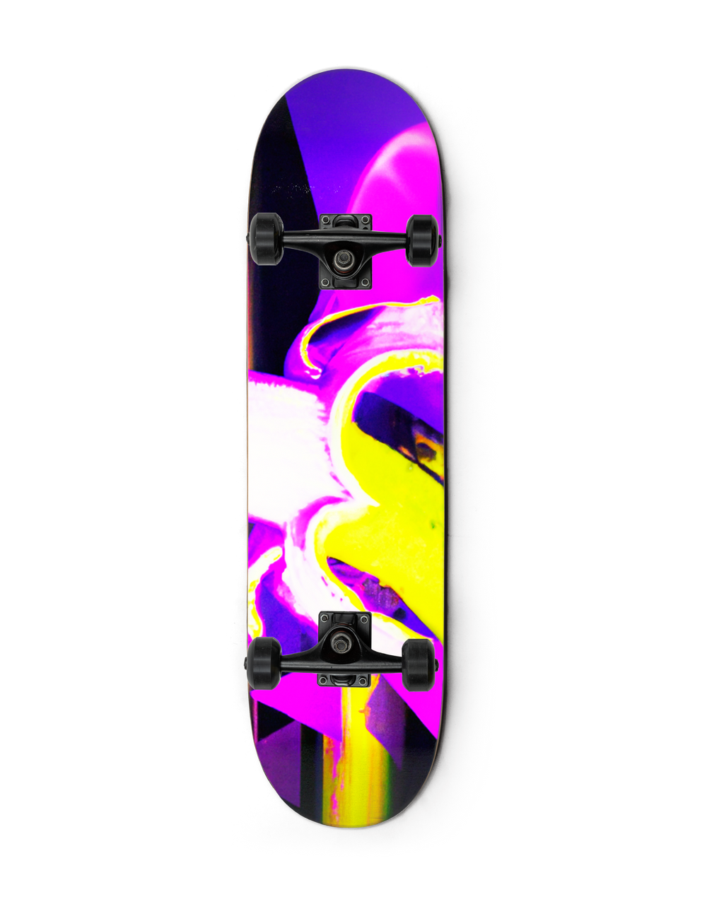 A collector skateboard painted with vibrant color and evoking a banana on a purple background