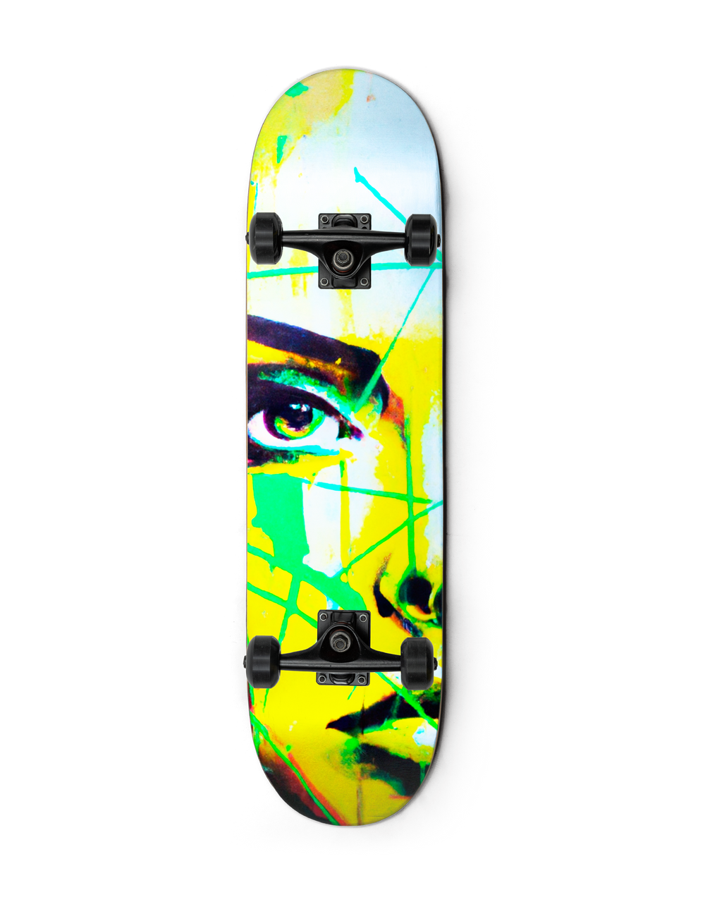 A collector skateboard painted with vibrant colors and featuring a woman's face