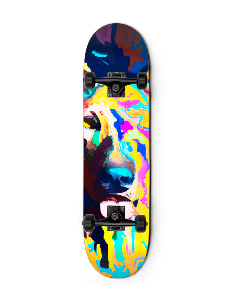 A collector skateboard painted with vibrant color patches and brush strokes and featuring a dog
