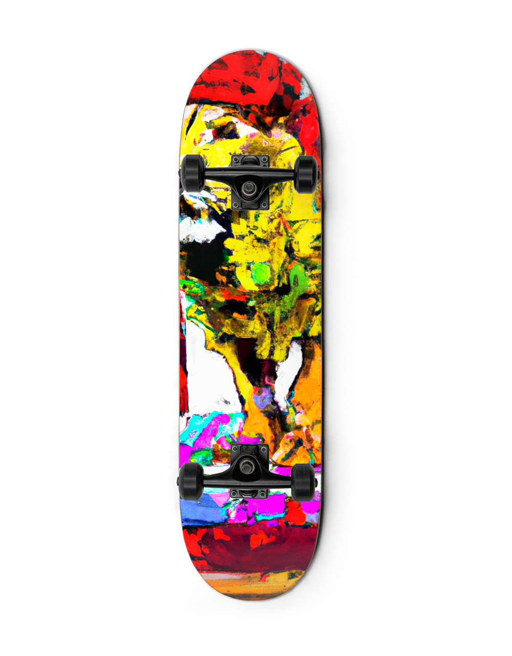 A collector skateboard painted with vibrant color patches and brush strokes