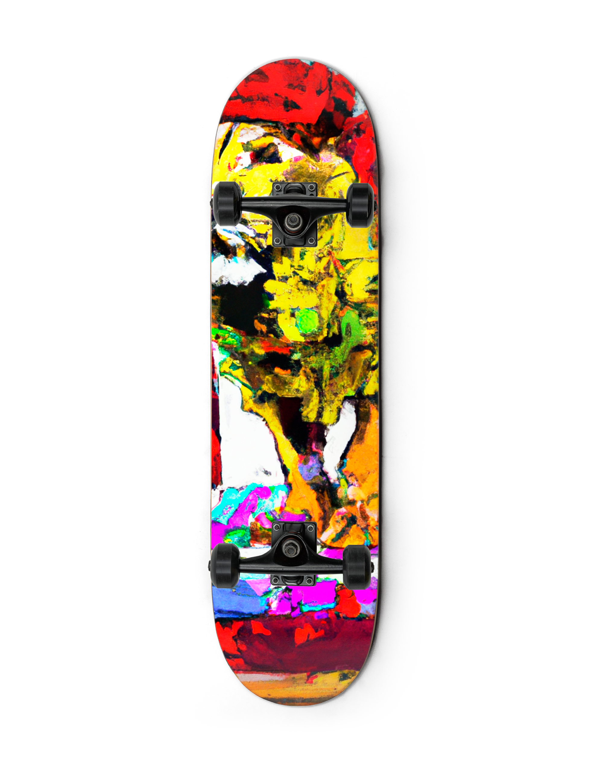 A collector skateboard painted with vibrant color patches and brush strokes