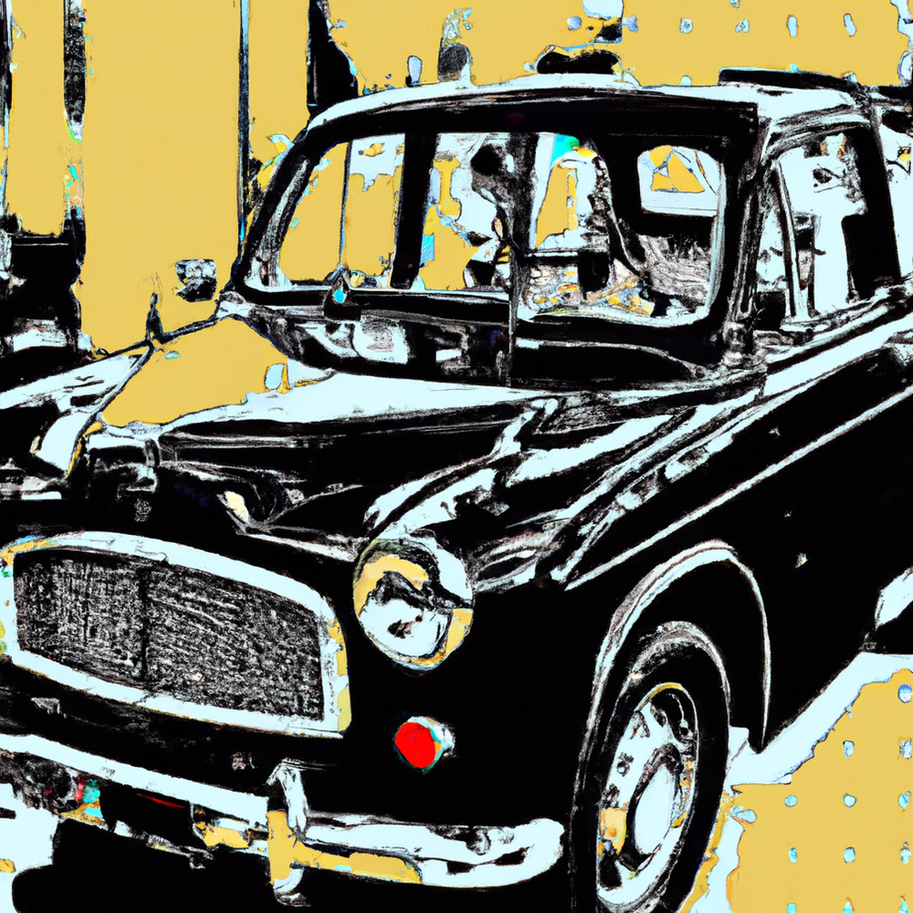 Painting of a black car on a yellow background