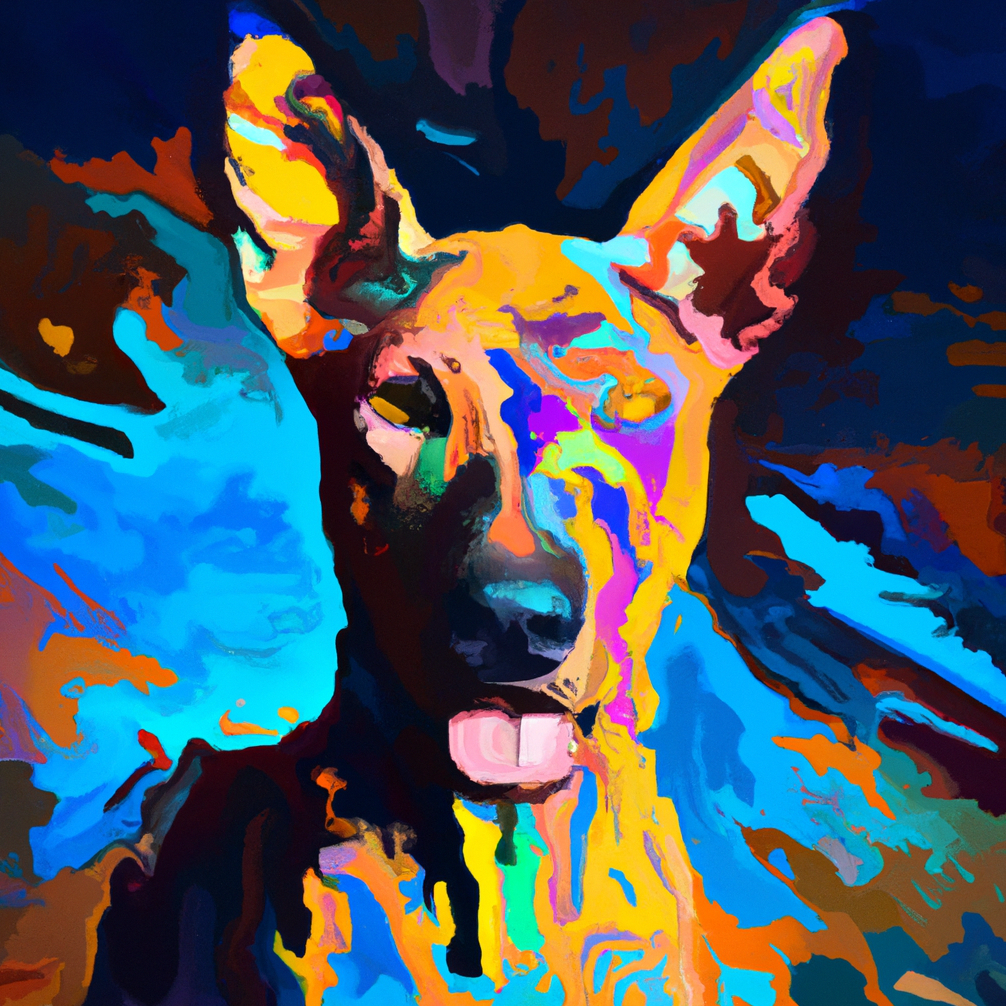 Portrait of a dog painted with vibrant colors and large brush strokes