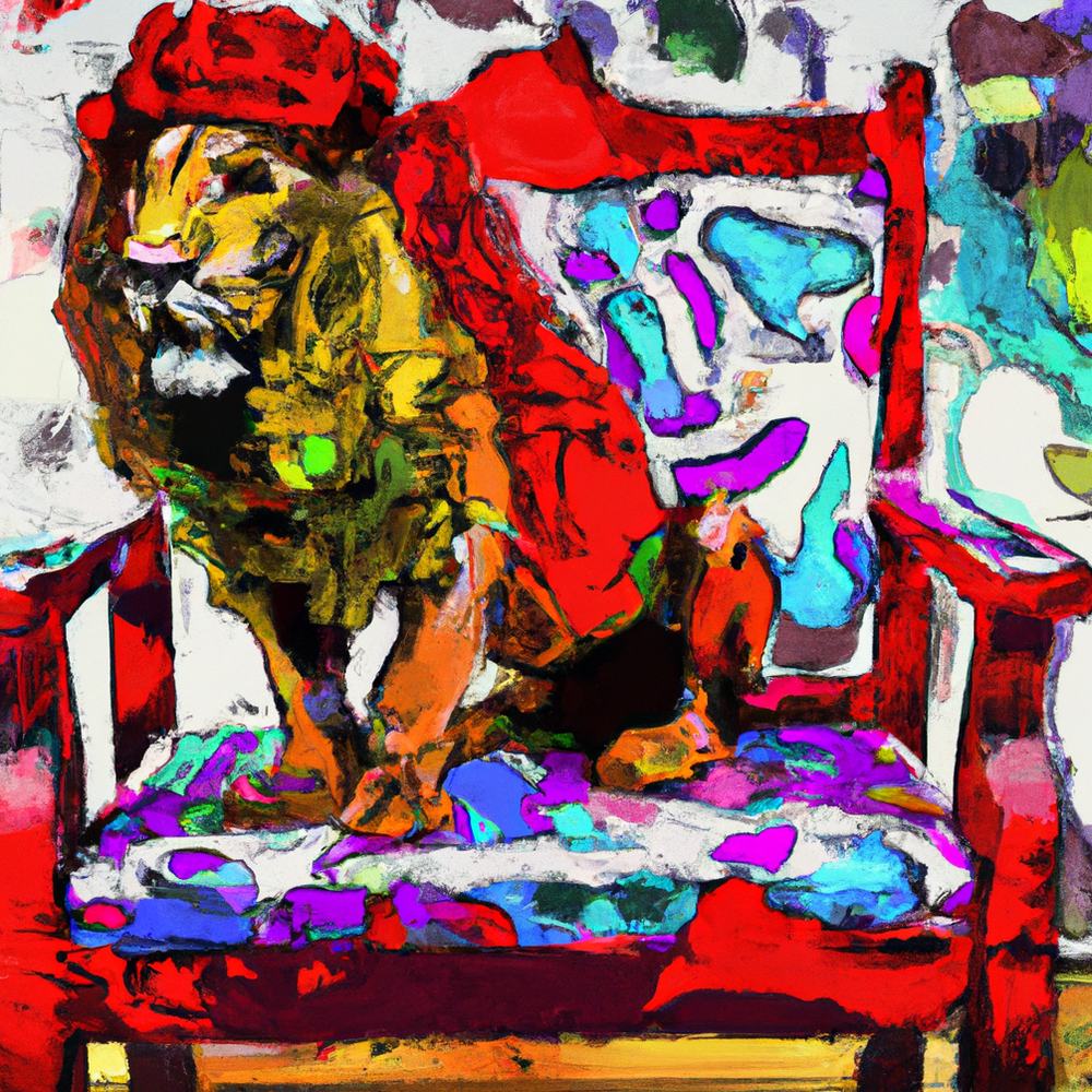 Portrait of a lion on a couch painted with vibrant colors and large brush strokes