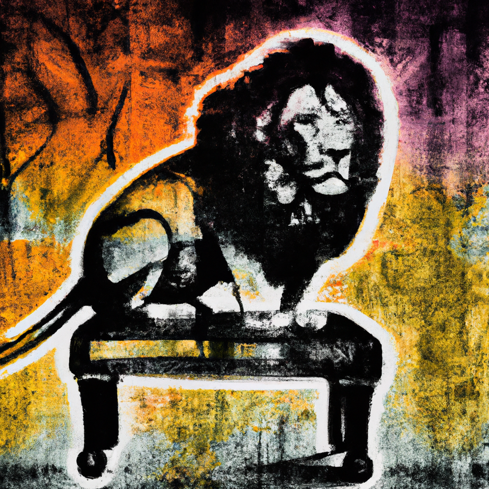 Portrait of a lion on a couch painted with vibrant colors and large brush strokes