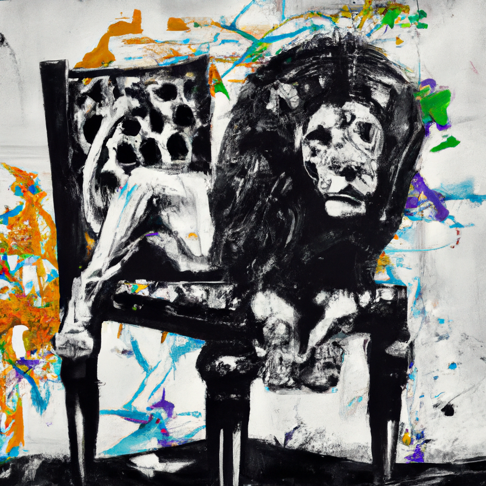 Portrait of a lion on a couch painted with vibrant colors and large brush strokes