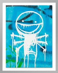 A poster that depicts a white graffiti on a blue wall