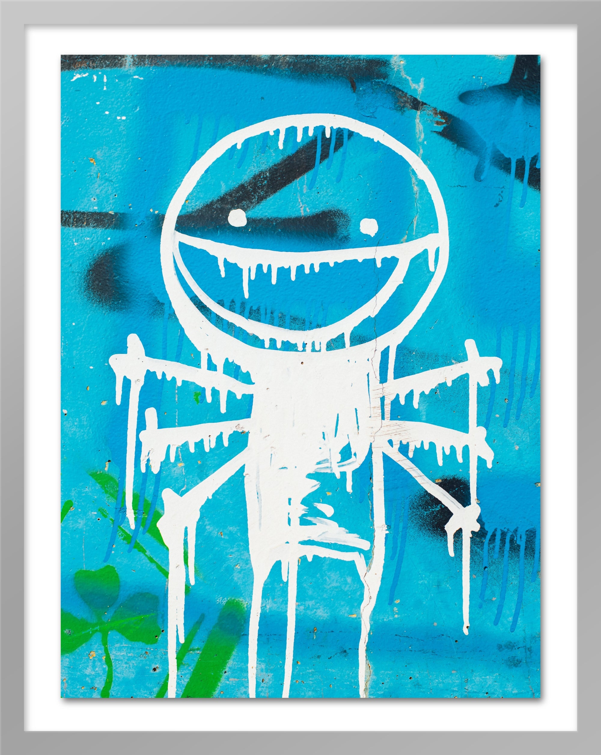 A poster that depicts a white graffiti on a blue wall