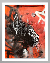 A poster that depicts a cat painted with stencils on a red background