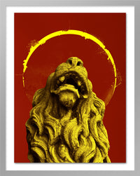 A poster that depicts a golden lion on a red background