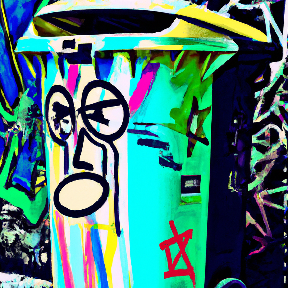 Painting of a garbage bin covered with graffitis