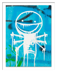 A poster that depicts a white graffiti on a blue wall