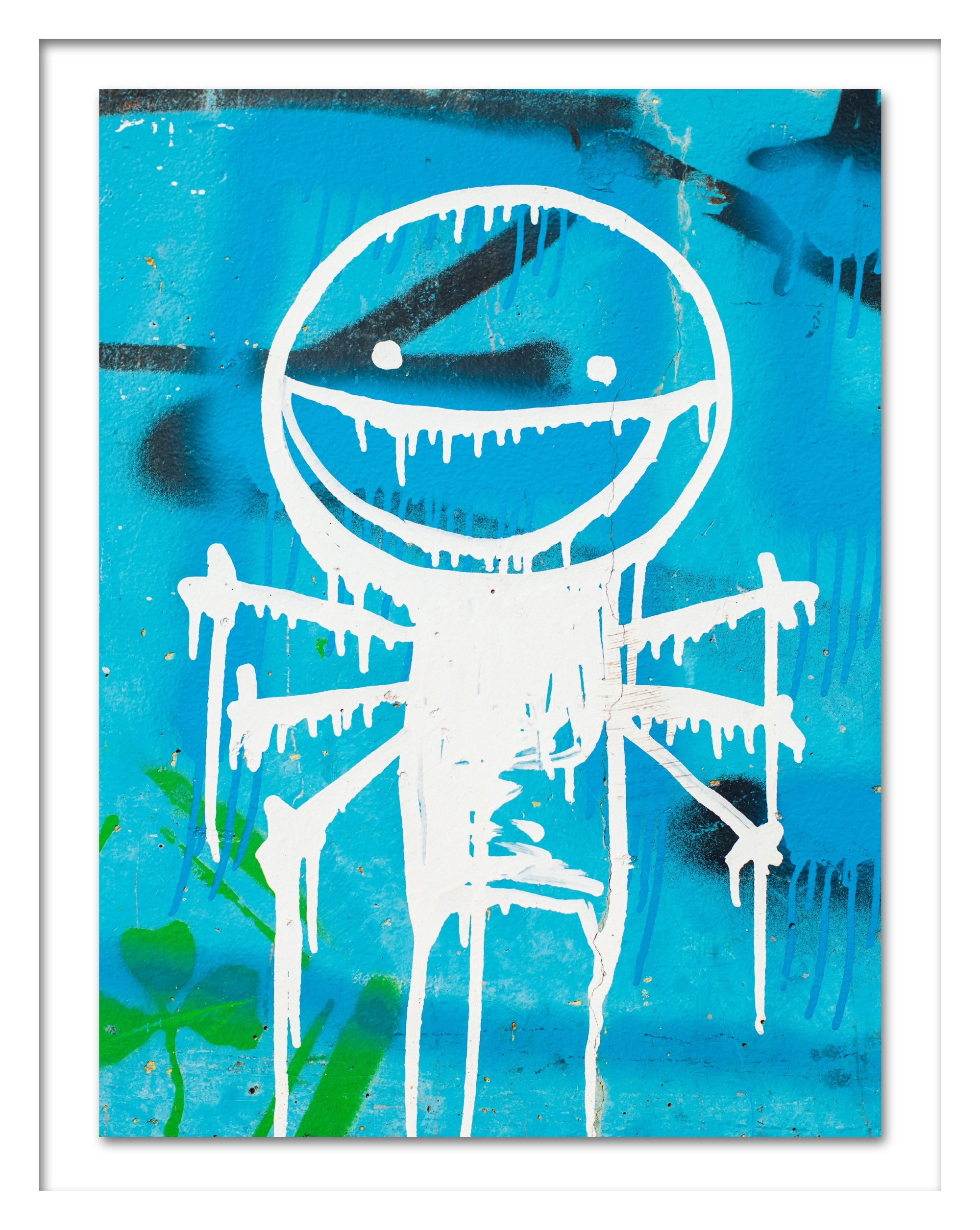 A poster that depicts a white graffiti on a blue wall