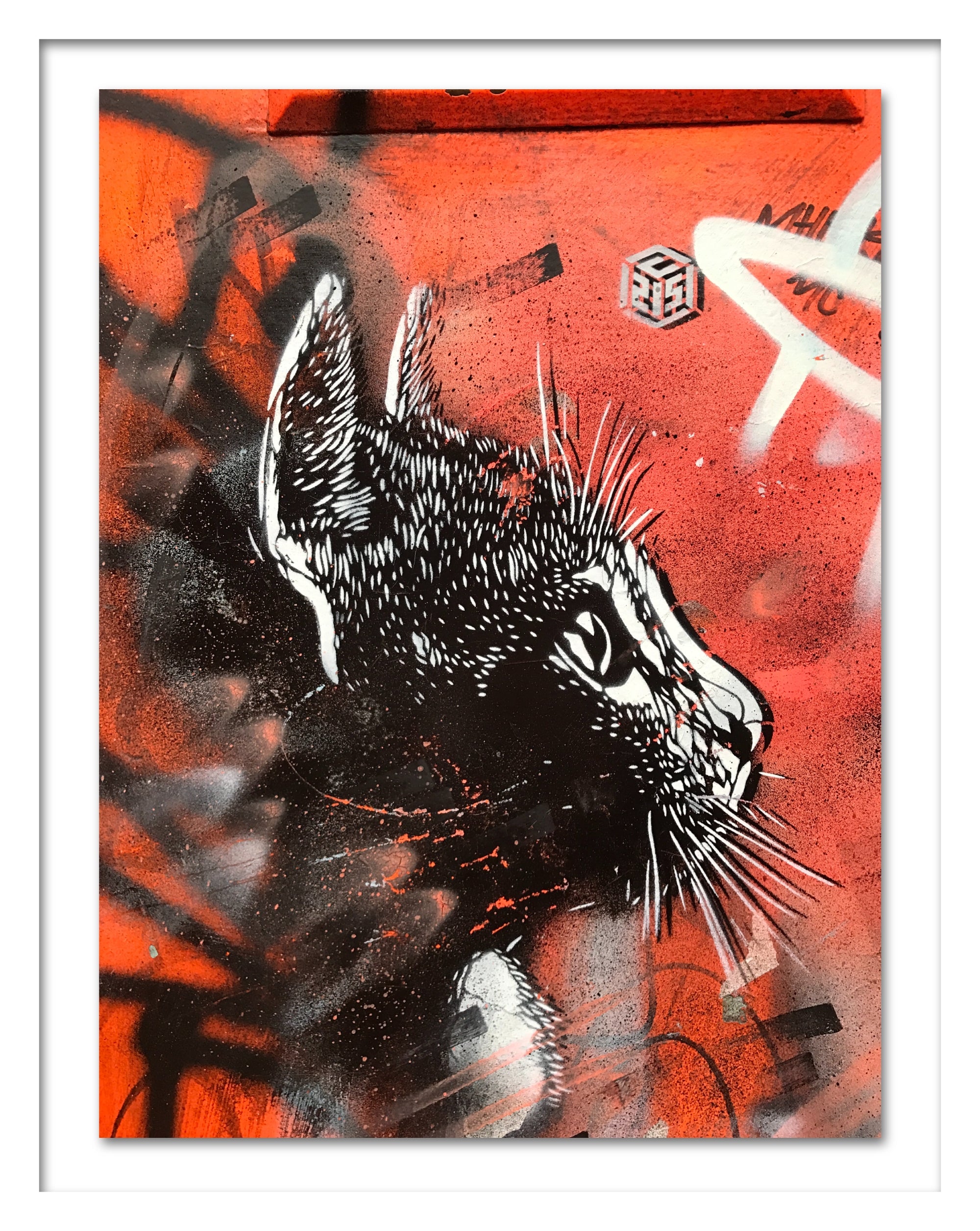 A poster that depicts a cat painted with stencils on a red background